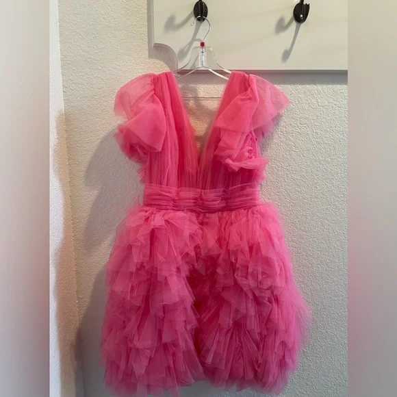 Mac Duggal Pink Flutter Ruffle Sleeve Tiered Dress - Picture 5 of 7